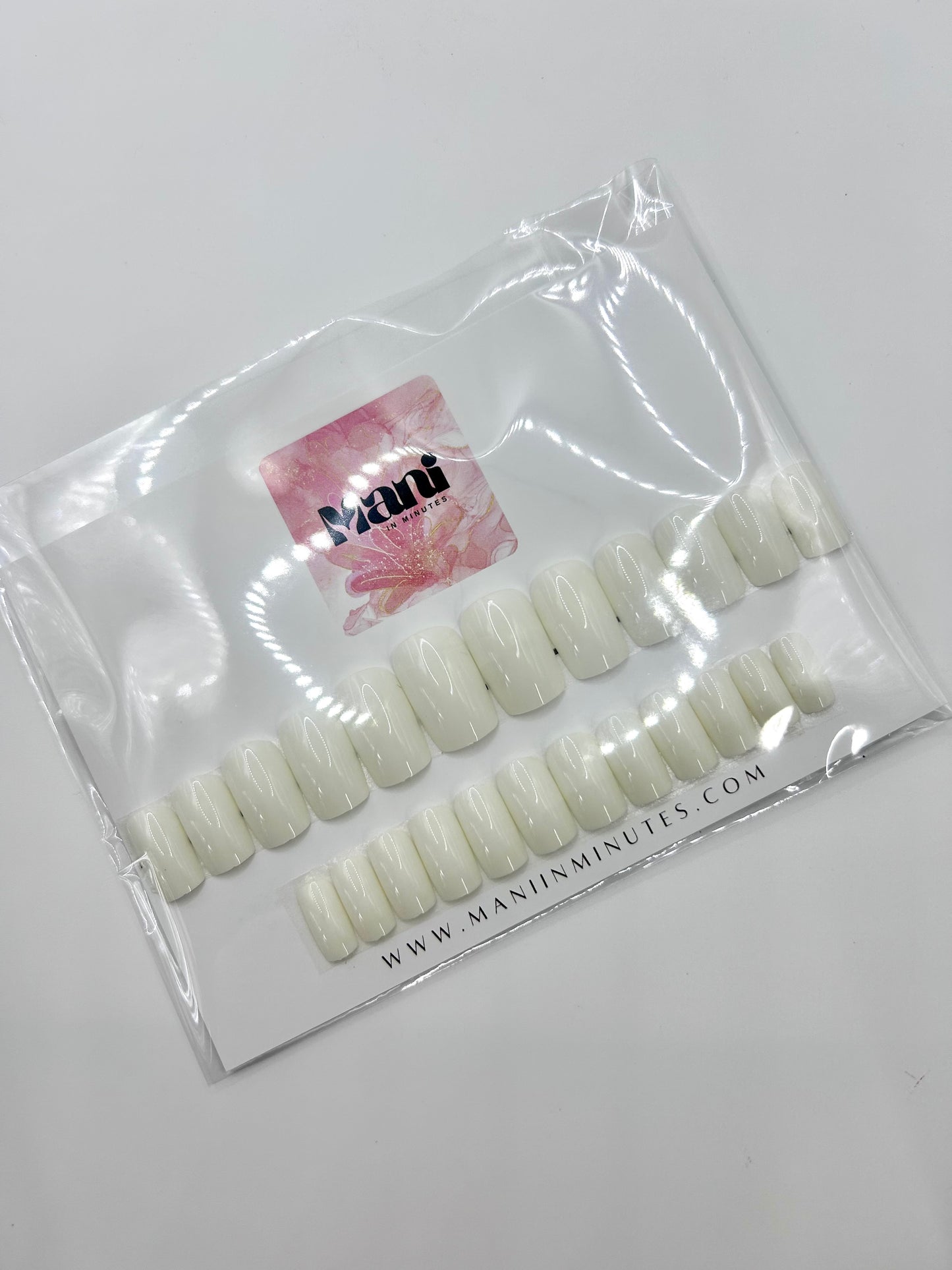White Out press-on nails – classic all-white square nail set by Mani in Minutes