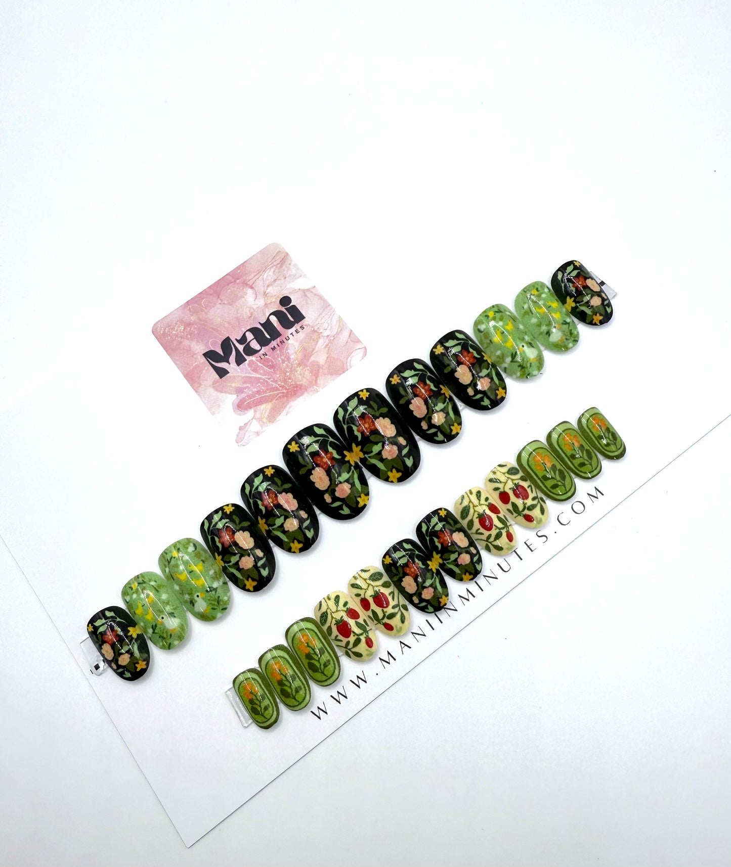 Folk Garden Press-On Nails | Medium Oval Botanical Folk Art Set | Mani in Minutes