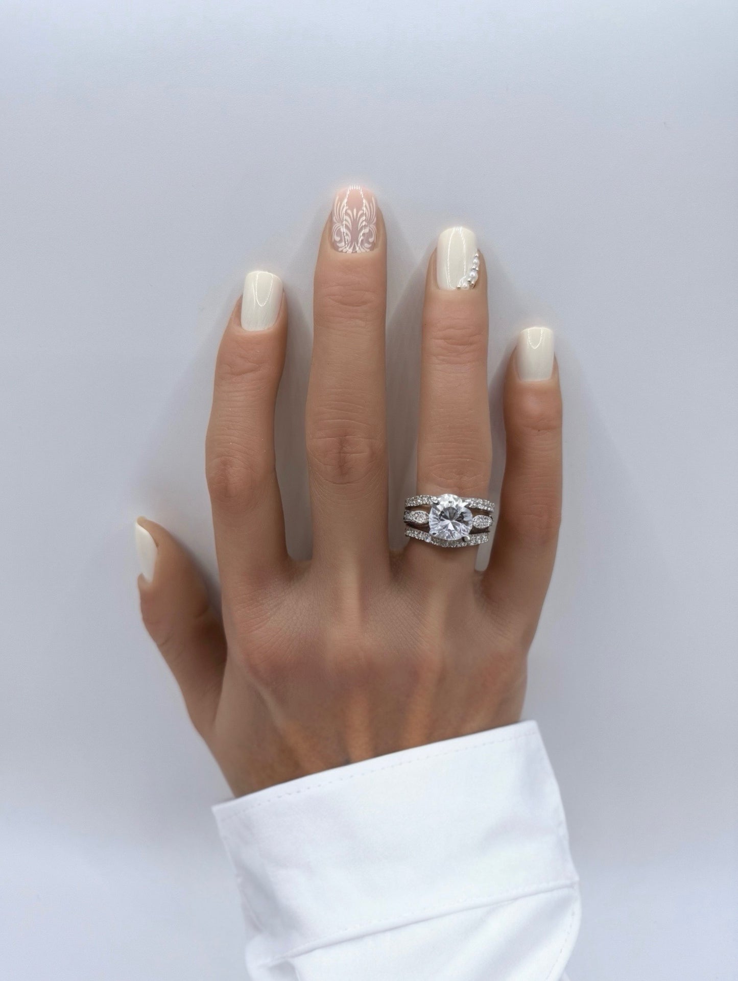 Ivory Veil press on nails with lace detail and pearl accents 