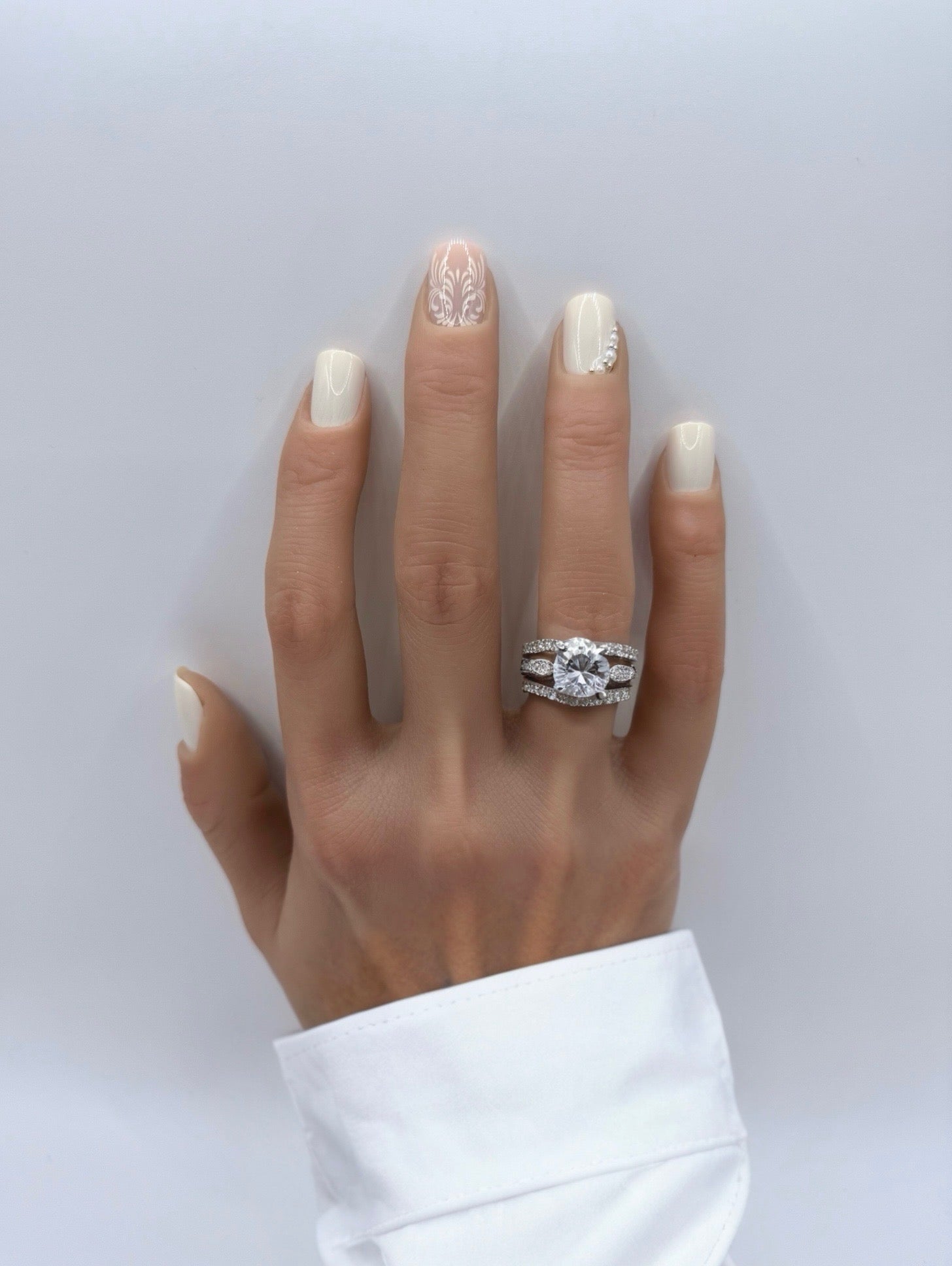Ivory Veil press on nails with lace detail and pearl accents 