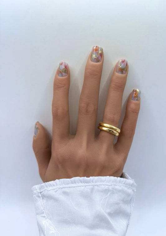 Gilded Watercolour press-on nails with pastel and gold accents