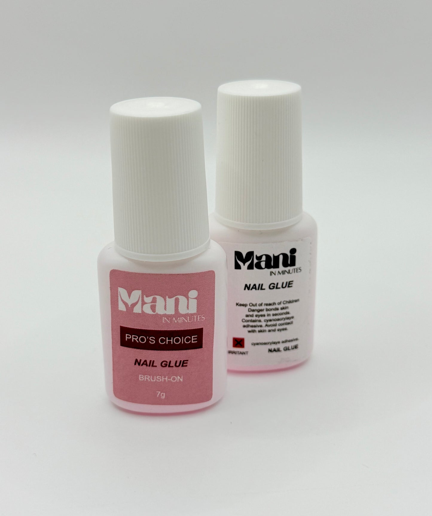Mani in Minutes brush-on nail glue bottle shown upright with branded label.