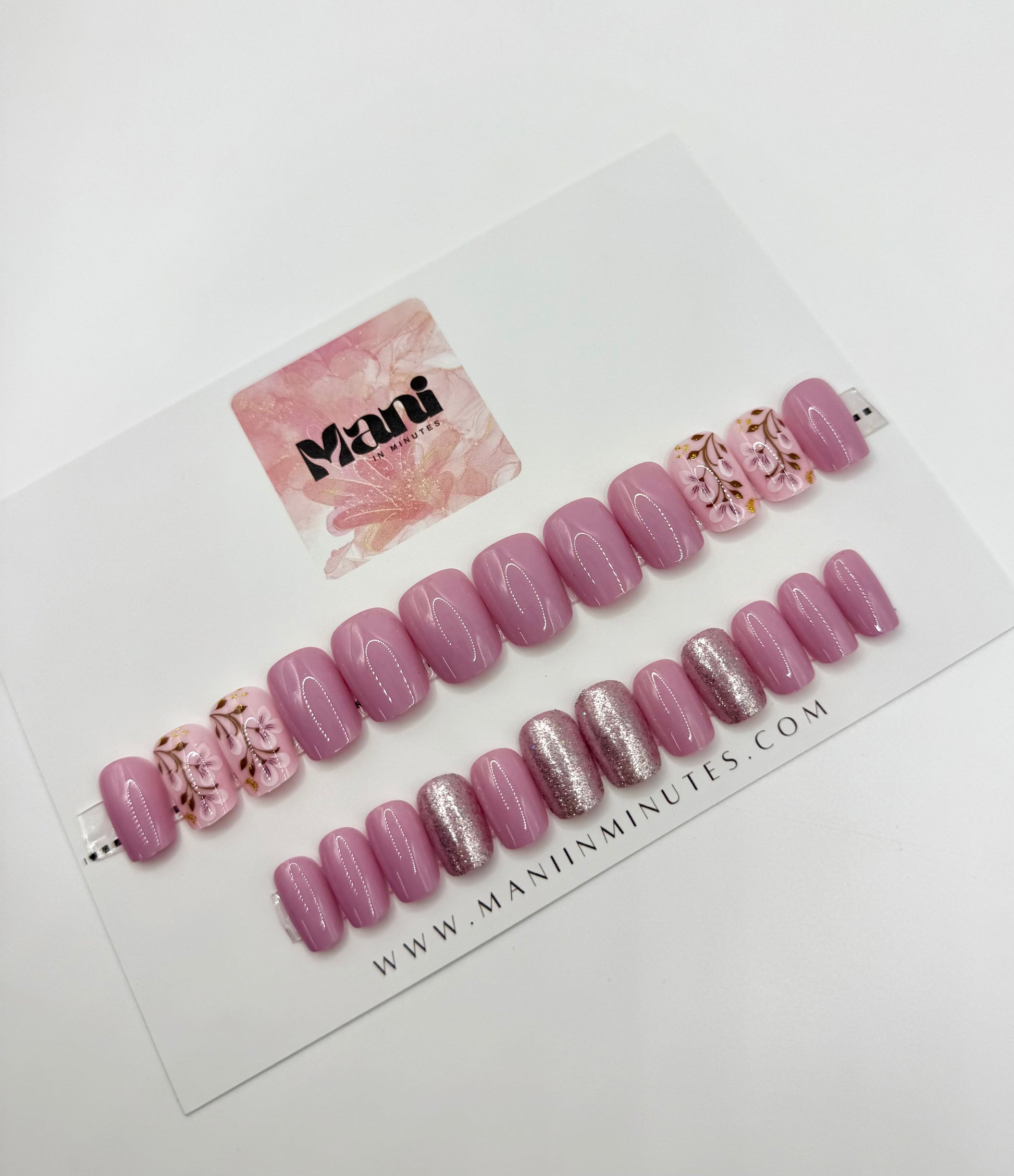 Heirloom Rose nail set displayed on Mani in Minutes card – medium square press-ons in soft pink with shimmer overlay