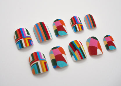 Geometric Glam press-on nails – bold rainbow geometric design by Mani in Minutes